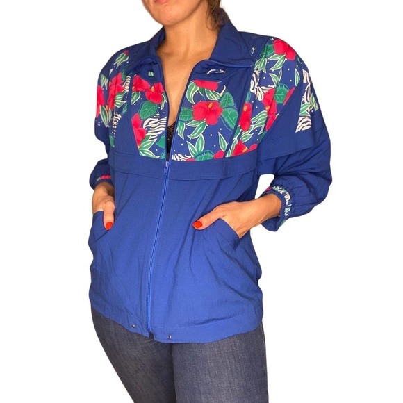 VINTAGE Blue Barbie Bomber Jacket Hibiscus Hawaiian Small - Picture 1 of 7